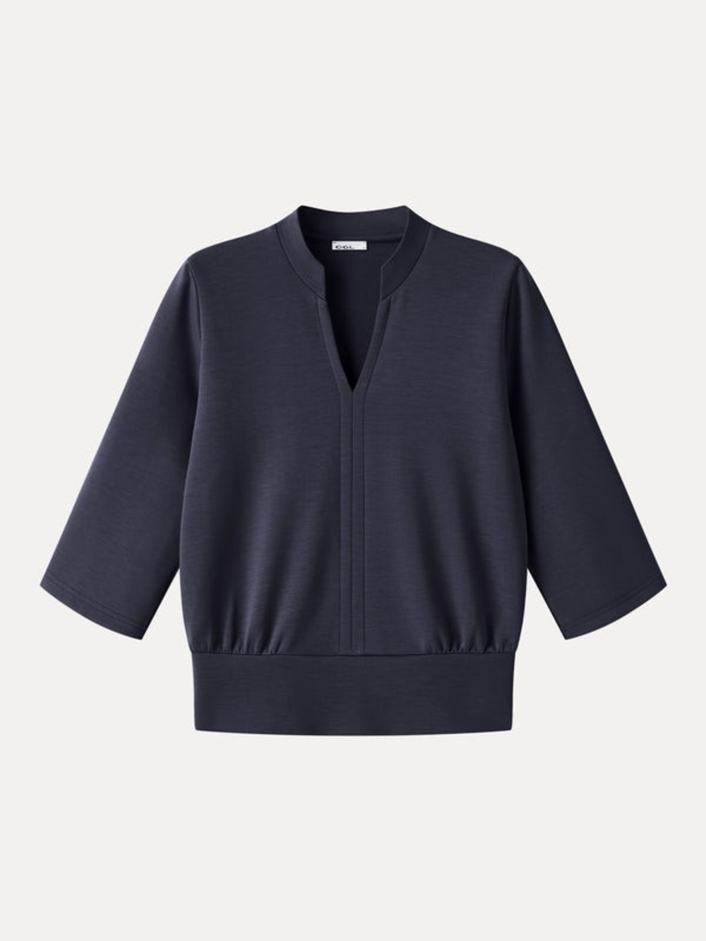 OGL Navy Lyocell Spacer Knit V-Neck Elbow Sleeve Banded Top
